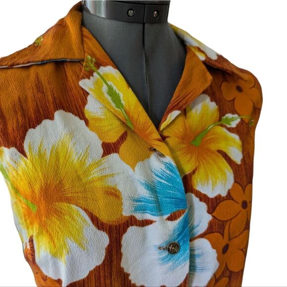 Bark cloth vintage Hawaiian tropical print button up sleeveless shirt - Picture 4 of 9